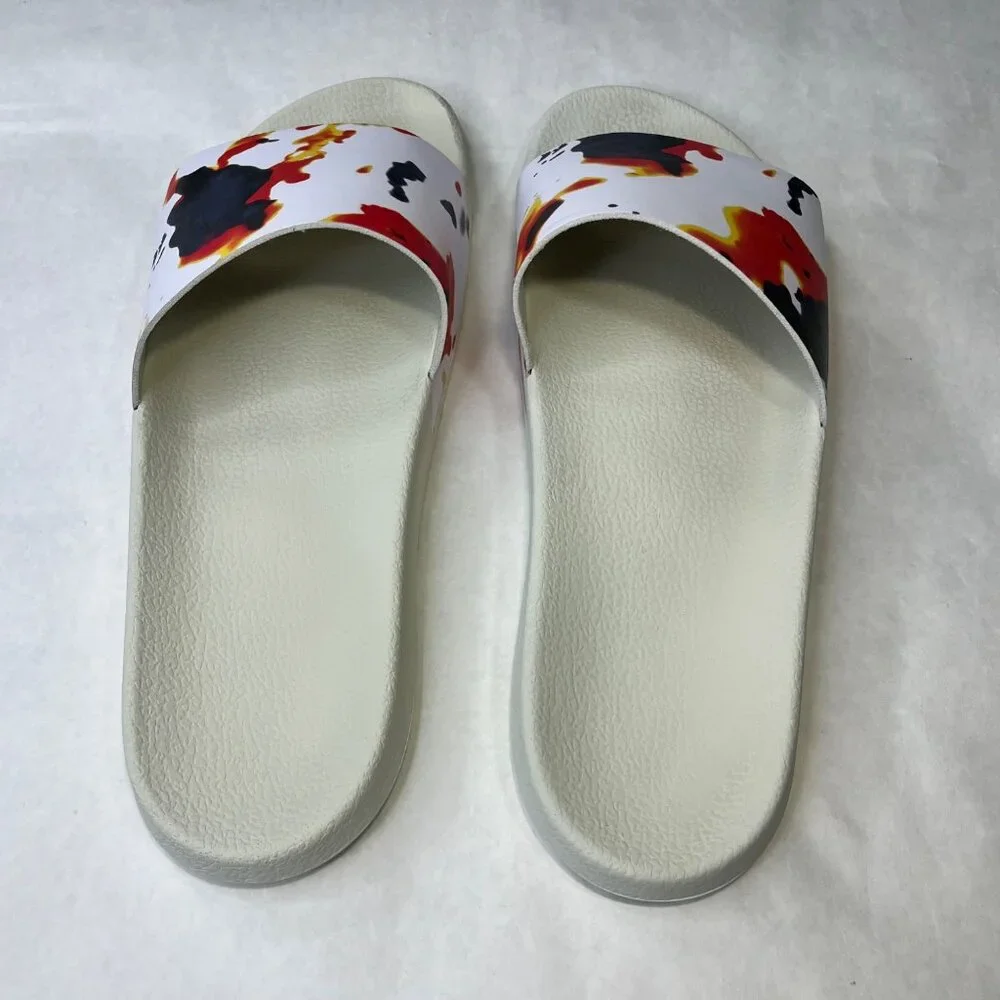 Under Armour Mens Size 14 White Slides With Abstract Red & Black Splatter Design